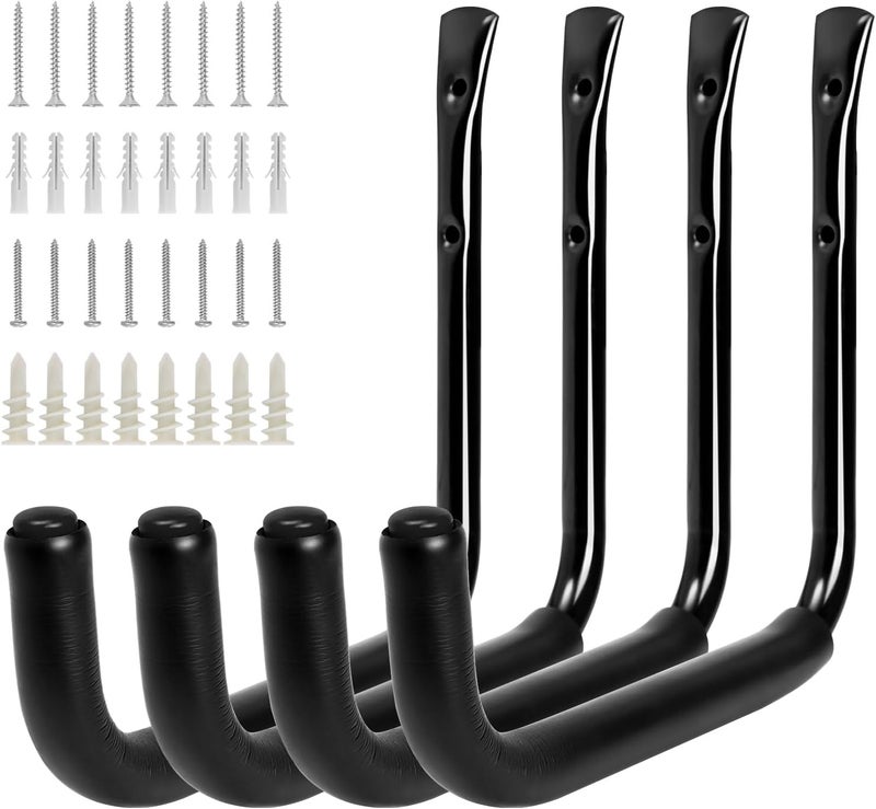 KURUI 10" Garage Organization Wall Hooks, 66 LB Heavy Duty Water Hose Holder for Hanging Ladder Extension Cord Garden Tool Cable, 4 Pcs, Black - Image 1